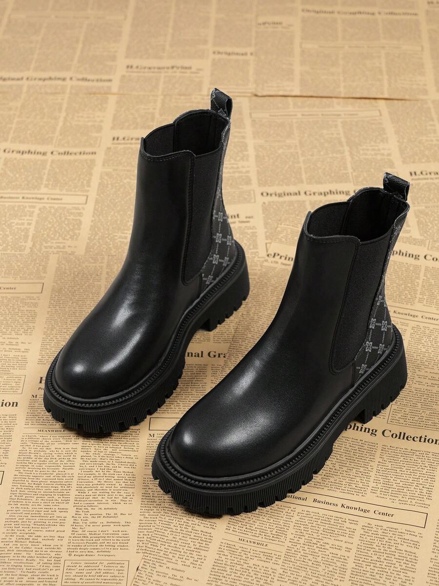 Women's 2026 New Spring/Autumn Single Boot, Thick Sole Slim Chelsea Ankle Boots - Black - View 1