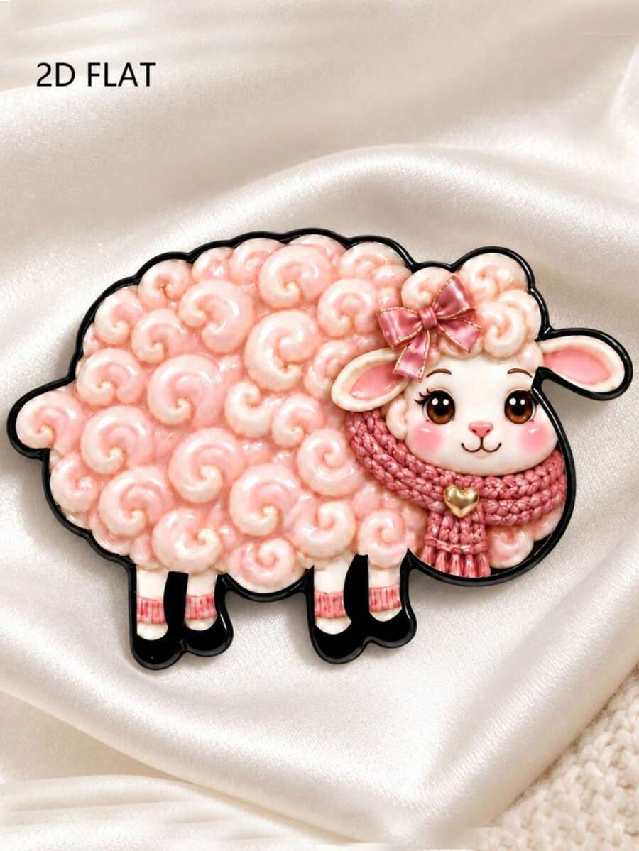 2D Flat Pink Cartoon Lamb Brooch, Curly Lamb With Bow Scarf Design, Soft Cute Style Sweater Coat Backpack Hat Decorative Accessory Pin - A - View 1