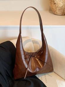 時尚蝴蝶結裝飾女款單肩包，簡約百搭 PU 材質大容量收納單肩包/托特包 - 棕色 - 查看 7