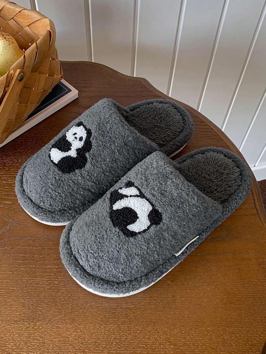 Men's Plush Slippers, Soft Suede With Integrated Panda Jacquard, Thick Fleece Lining For Long-Lasting Warmth, Flat Sole Non-Slip, Simple And Timeless Design, Suitable For Home Bedroom Daily Wear - Grey - View 1