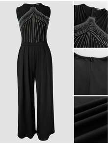 ChicMe Sexy Wide Leg Jumpsuit For Women Rhinestone Decor Multi Spaghetti Straps Ruched Overalls Casual Party Cocktail Outfit - Black - View 6