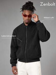 Zenbolt Men's Cable Knit Zipper Front Bomber Jacket,Urban Full Zip Sweater Jacket In Solid Black For Men,Long Sleeves Perfect For Everyday Layering - Black - View 1