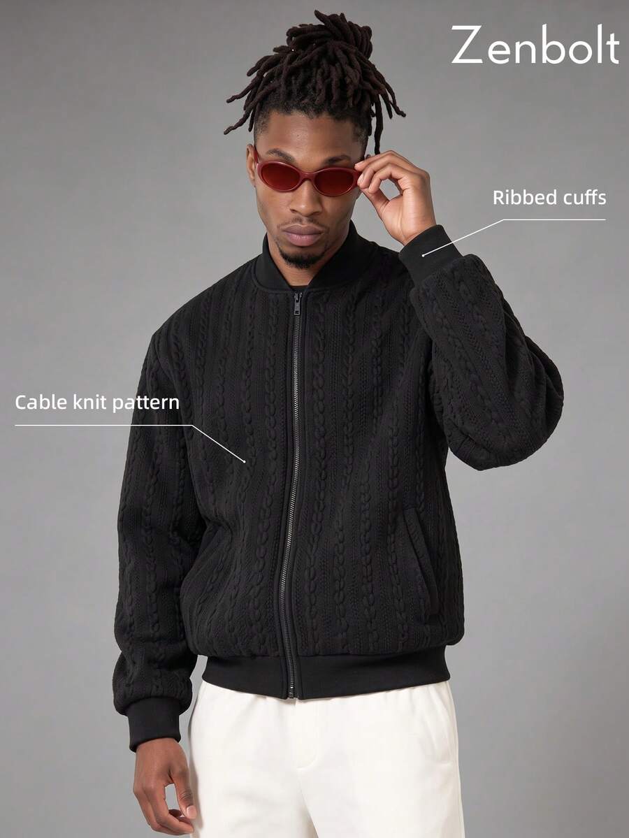 Zenbolt Men's Cable Knit Zipper Front Bomber Jacket,Urban Full Zip Sweater Jacket In Solid Black For Men,Long Sleeves Perfect For Everyday Layering - Black - View 1