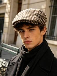 OBOVAY 1pc Men's Wool Plaid Newsboy Cap, Autumn New Vintage Artistic Flat Cap, Suitable For Daily Streetwear - Multicolor - View 3