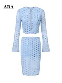 ARA CHIC Women's Blue Polka Dot Mesh 2 Pieces Set, Long Sleeve Cropped Top & Skirt, Front Button Hollow-Out Sheer Mesh Slim Fit, Suitable For Date & Vacation Wear - Baby Blue - View 8