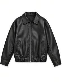 Women's Fashion Black PU Leather Jacket, Zipper Closure, Long Sleeve Lapel Collar, Regular Length, Suitable For Autumn/Winter Fashion Outfits - Black - View 6