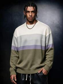 SU ER 1pc Men's Autumn/Winter Casual Striped Knit Sweater - Olive Green - View 3