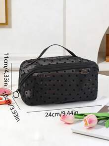 1pc Minimalist Flocked Heart-Shaped Mesh Handbag, Transparent Large Capacity Storage, Suitable For Short Trips And Bedroom Organization, Can Be Used As A Gift For Friends - Black - View 6