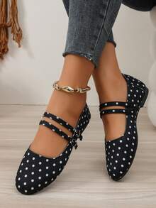 Women's Black Flat Mary Jane Shoes, Spring/Autumn New Style, Versatile Low-Top Buckle Strap Polka Dot Ballet Flats - Black - View 6