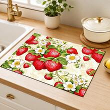 1pc Red Strawberry & White Floral Kitchen Drain Mat Table Mat, Fruit & Plant Print Dining Table Mat Coffee Table Mat, Country Farmhouse Style Desktop Decor Mat, Spring & Summer Kitchen Dining Home Decor - Multicolor - View 1