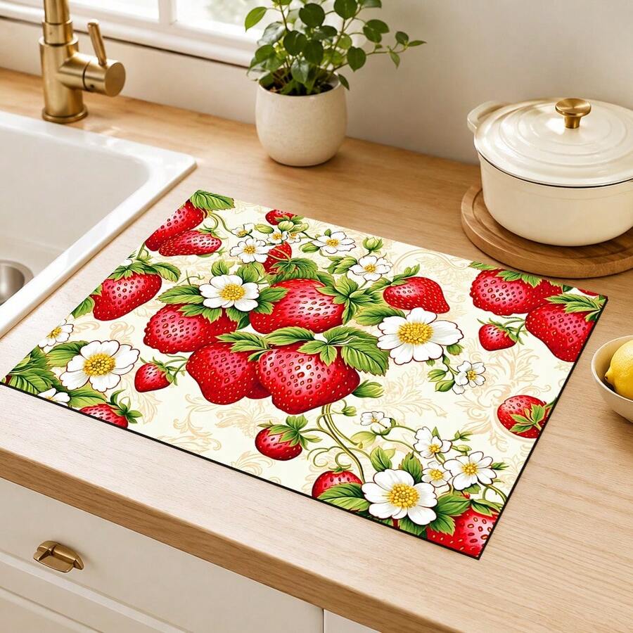 1pc Red Strawberry & White Floral Kitchen Drain Mat Table Mat, Fruit & Plant Print Dining Table Mat Coffee Table Mat, Country Farmhouse Style Desktop Decor Mat, Spring & Summer Kitchen Dining Home Decor - Multicolor - View 1