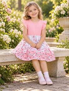Tween Girls Elegant Floral Print Casual Cap Sleeve Ribbed Patchwork Dress, Summer - Baby Pink - View 2