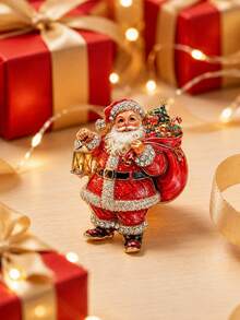 1pc Santa Claus Rhinestone Brooch, Vintage Red Lantern Gift Bag Christmas Tree Shaped Alloy Pin, Sparkling Rhinestone Holiday Clothing Accessory, Suitable For Coats, Suits, Sweaters, Scarves, Hats, Bags Decoration, Christmas Party, New Year Gathering, Winter Outfit And Holiday Gift - Multicolor - View 6