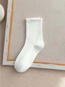 1/3/5/6/10 Pairs Women's Casual Ruffle Edge Mid-Calf Socks, All-Season Solid Color Socks, Japanese Style Lace Mid-Calf Socks For Autumn/Winter - Multicolor - View 3