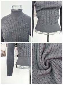 Autumn/Winter New Korean Style Cable Knit High Neck Long Sleeve Slim Fit Cinched Waist Sweater, Flattering Pure Desire Base Layer Top - Grey - View 9