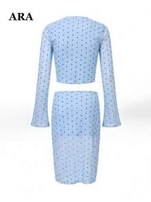 ARA CHIC Women's Blue Polka Dot Mesh 2 Pieces Set, Long Sleeve Cropped Top & Skirt, Front Button Hollow-Out Sheer Mesh Slim Fit, Suitable For Date & Vacation Wear - Baby Blue - View 9