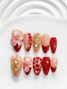 秋季 10 片裝優雅復古風手工穿戴甲，Polygel 美甲套組，花卉紅指甲油，傳統中式花卉風格，3 種尺寸可選，方型/短方型/杏仁形，適合派對、跳舞、日常穿戴（手工細節可能有所不同） - 彩色 - 查看 12