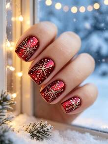 24pcs Red And Golden Holiday Press On Nails Glossy Christmas Short Square Nails With Sparkling Firework Patterns, Perfect For Party, Gift, And New Year Celebration - Multicolor - View 1