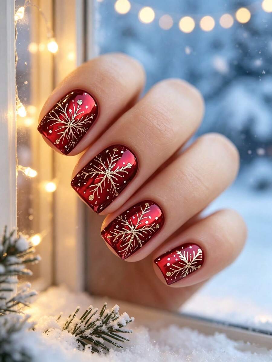 24pcs Red And Golden Holiday Press On Nails Glossy Christmas Short Square Nails With Sparkling Firework Patterns, Perfect For Party, Gift, And New Year Celebration - Multicolor - View 1
