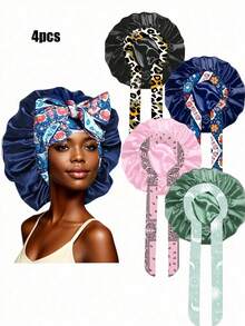 4pcs Women's Solid Color Satin Sleep Caps With Drawstring, Silky Elastic Hair Protection Sleep Caps, Comfortable Sleep Caps, Suitable For Daily Use - B - View 21