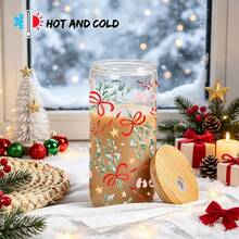 Christmas 1pc/5pcs 16oz Clear Glass Cup With Red Bow And Leaf Christmas Pattern, Bamboo Lid And Glass Straw, Crystal Clear Texture, Suitable For Daily Use And Holiday Parties - Multi-color - Christmas Ribbon - View 5