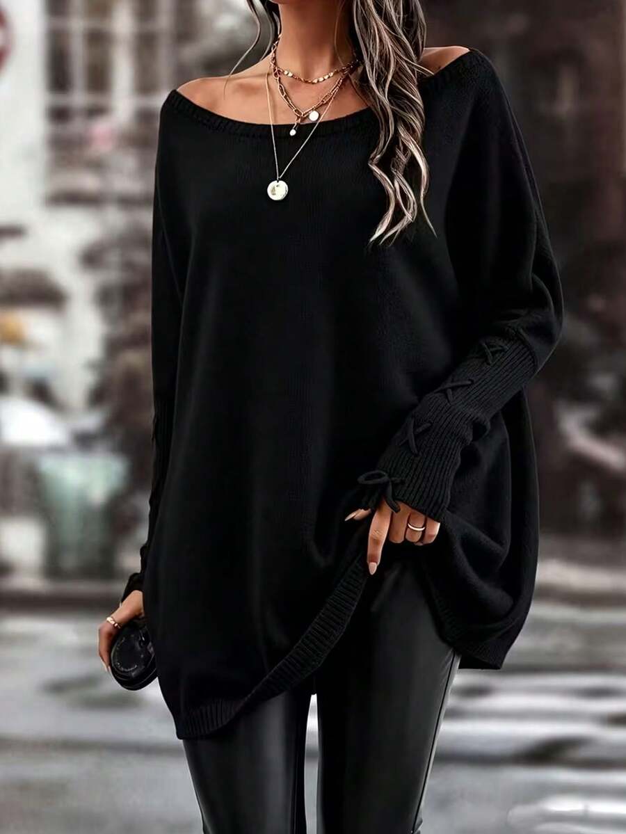 Plus Size Women's Black Off Shoulder Batwing Sleeve Knit Sweater Long Ribbed Tie Detail Autumn/Winter Warm Top - Black - View 1