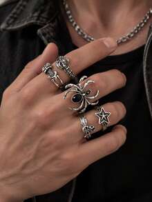1 buah Set Cincin Vintage Punk Dark Gothic Metal dengan Hiasan Tengkorak Laba-laba dan Batu Permata, Aksesori Pria Gaya Rock Street yang Dipersonalisasi, Perhiasan Halloween - Antique Silver - View 2