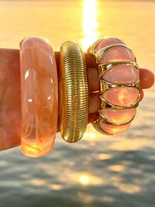 3pcs/Set Fashionable Minimalist Elegant Exquisite Vintage Design Geometric Line Textured Pink Resin Asymmetrical Marbled Pattern Patchwork Chunky Oversized Bangles Set For Holiday Vacation Party Date Gift Daily Commute Wear Personalized - Multicolor - View 3