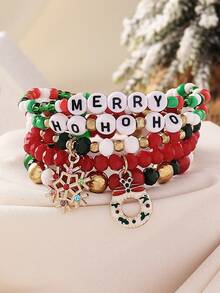5pcs Christmas Red & Green Contrast Christmas Tree Snowflake Pendant Seed Bead Layered Bracelet Set, Women's Holiday Party Gathering Wear, Family Gift - Multicolor - View 2
