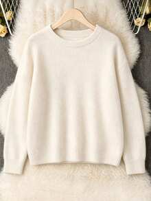Plus Size Women's Faux Sweater, French Style Raglan Sleeve Raglan Sleeve Plush Knit, White Color For Autumn/Winter Back To School Daily And Holiday Wear - White - View 1