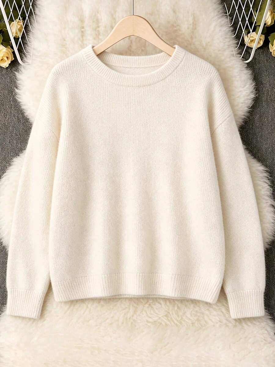 Plus Size Women's Faux Sweater, French Style Raglan Sleeve Raglan Sleeve Plush Knit, White Color For Autumn/Winter Back To School Daily And Holiday Wear - White - View 1