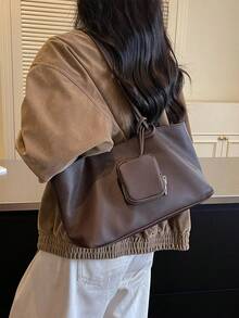 Vintage Brown Tote Bag With Small Square Pouch, Minimalist Large Capacity, Practical Commuter Women's Shoulder Bag - Coffee - View 3