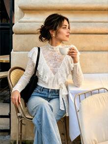 Women's Lace Patchwork Blouse, Elegant Casual French Style Ruffle Trim Cut White Top - White - View 1