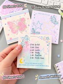 4pcs Multicolor Butterfly & Rose Sticky Notes, 80 Sheets, Cute Memo Pads For Journaling, Study, School & Office - one-size - View 2