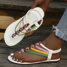 Sandal Datar Roman Tenun Bohemian Musim Panas Wanita dengan Hiasan Berlian Imitasi, Sepatu Serbaguna Gaya Liburan Kasual - Putih - View 2