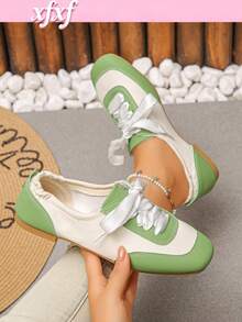 Sepatu Kasual Datar Wanita Xfxf dengan Blok Warna dan Lipatan Elastis di Tumit, Cocok untuk Pemakaian Sehari-hari/Perjalanan/Belanja/Bepergian. - Hijau - View 1