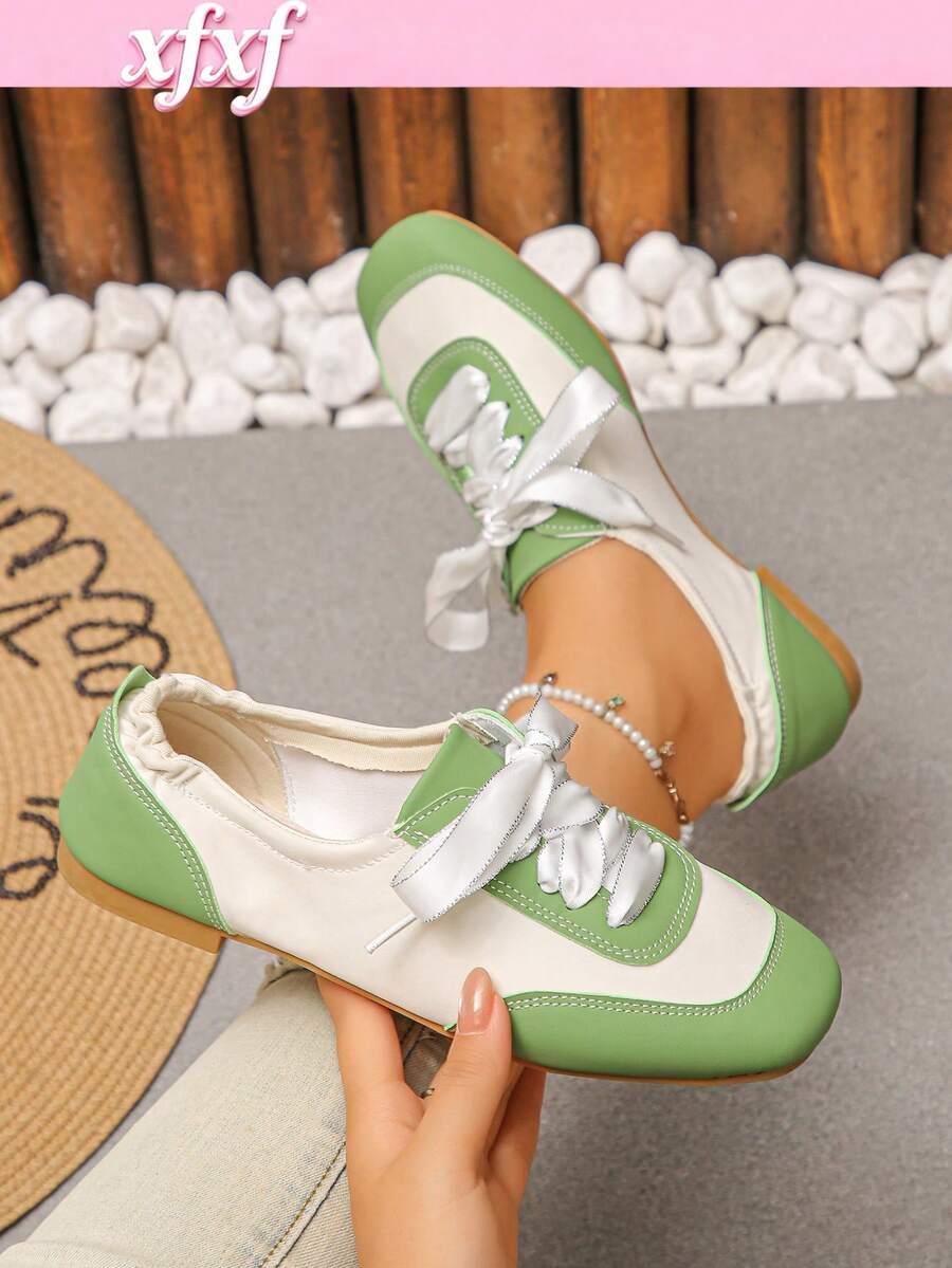 Sepatu Kasual Datar Wanita Xfxf dengan Blok Warna dan Lipatan Elastis di Tumit, Cocok untuk Pemakaian Sehari-hari/Perjalanan/Belanja/Bepergian. - Hijau - View 1