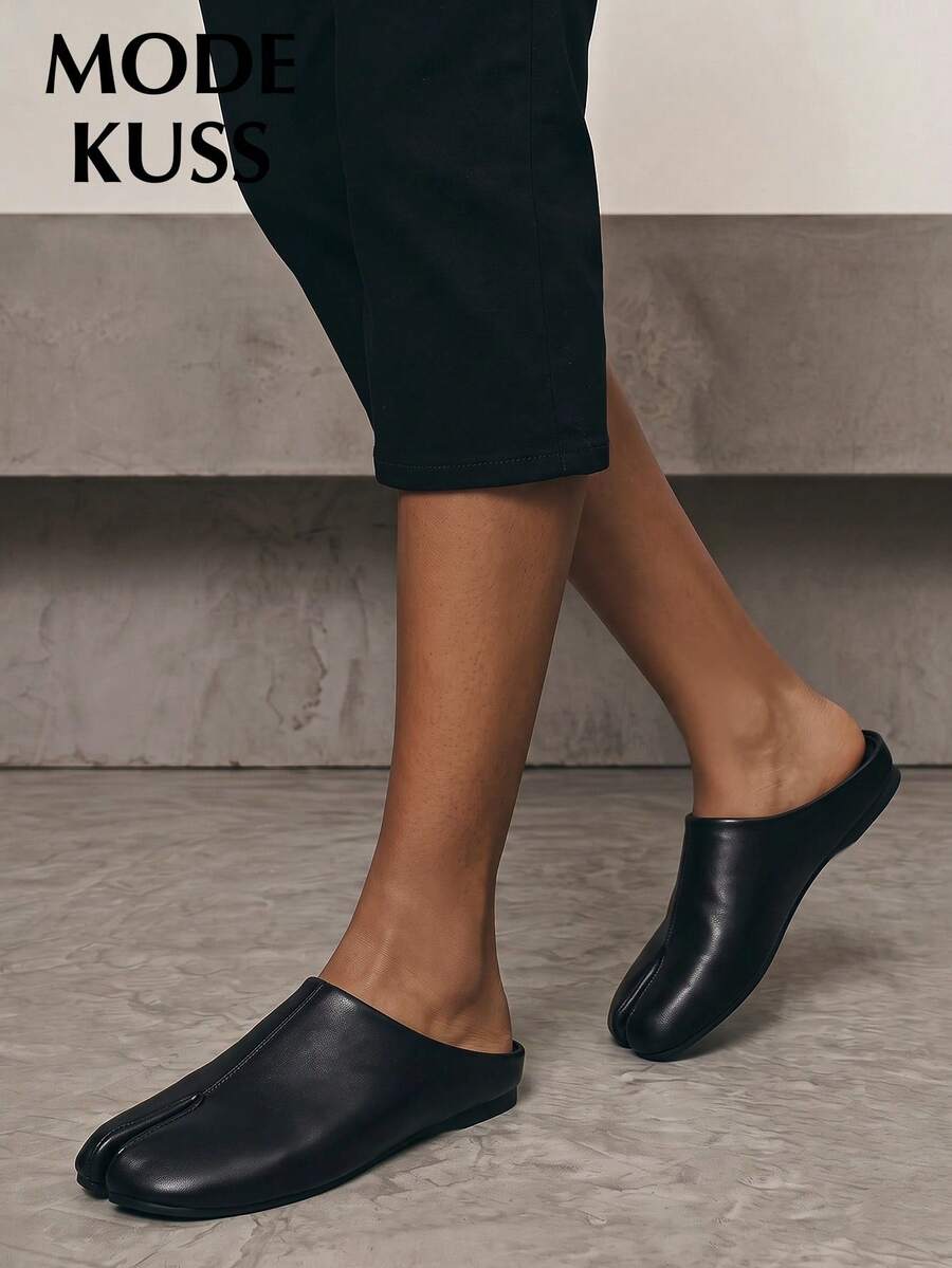 MODE KUSS 新款女款熱門極簡時尚分趾平底穆勒鞋,適合日常通勤、約會、度假穿搭,女款平底鞋,黑色套腳女鞋,穆勒鞋,優雅女鞋,分趾女鞋,可愛鞋款,平底鞋,女款露跟鞋,春秋鞋,舒適女鞋 - 黑色 - 查看 1