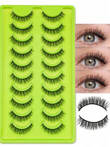 10 Pairs Natural Style False Eyelashes, Transparent Single Strand Lightweight Lashes, Ultra-Fine Synthetic Fiber Material, Soft And Lightweight Without Burden, Essential For Daily Natural And Light Makeup - Green - View 2