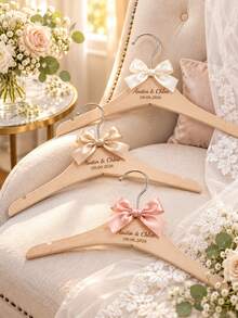 1pc Personalized Engraved Wedding Wooden Hanger, Custom Names & Date Bridal Dress Hanger With Satin Ribbon Bow, Wedding Keepsake, Bridal Shower Gift For Bride, Wedding Photo Prop - Multicolor - View 8