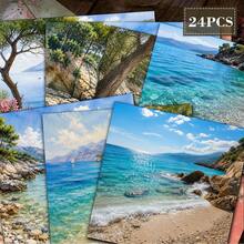 Mediterranean Coast Ocean View Scrapbook Paper 24 Sheets 6 Inch Watercolor Azure Bay Reef Pine Forest Background Paper No Repeated Patterns Suitable For Bullet Journal Junk Journal Greeting Card Background Photo Album And Handmade DIY Crafts - Square - View 1
