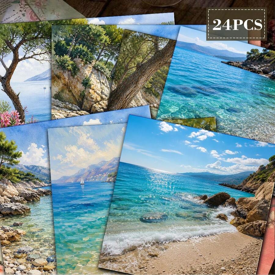Mediterranean Coast Ocean View Scrapbook Paper 24 Sheets 6 Inch Watercolor Azure Bay Reef Pine Forest Background Paper No Repeated Patterns Suitable For Bullet Journal Junk Journal Greeting Card Background Photo Album And Handmade DIY Crafts - Square - View 1