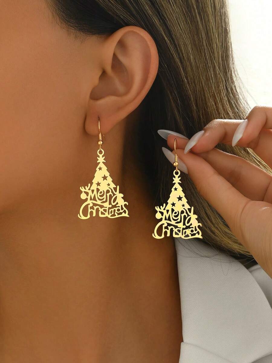 1 Pair Fashion Creative Versatile Christmas Hollow Letter Christmas Tree Earrings Suitable For Women's Daily Wear - Gold - View 1