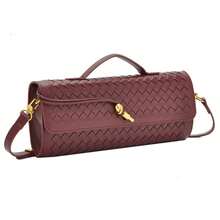 Women's Burgundy Woven Texture Long Clutch Bag, Gold Twist Lock Closure Slim Handle Evening Bag, Suitable For Parties - Multi-color - View 5