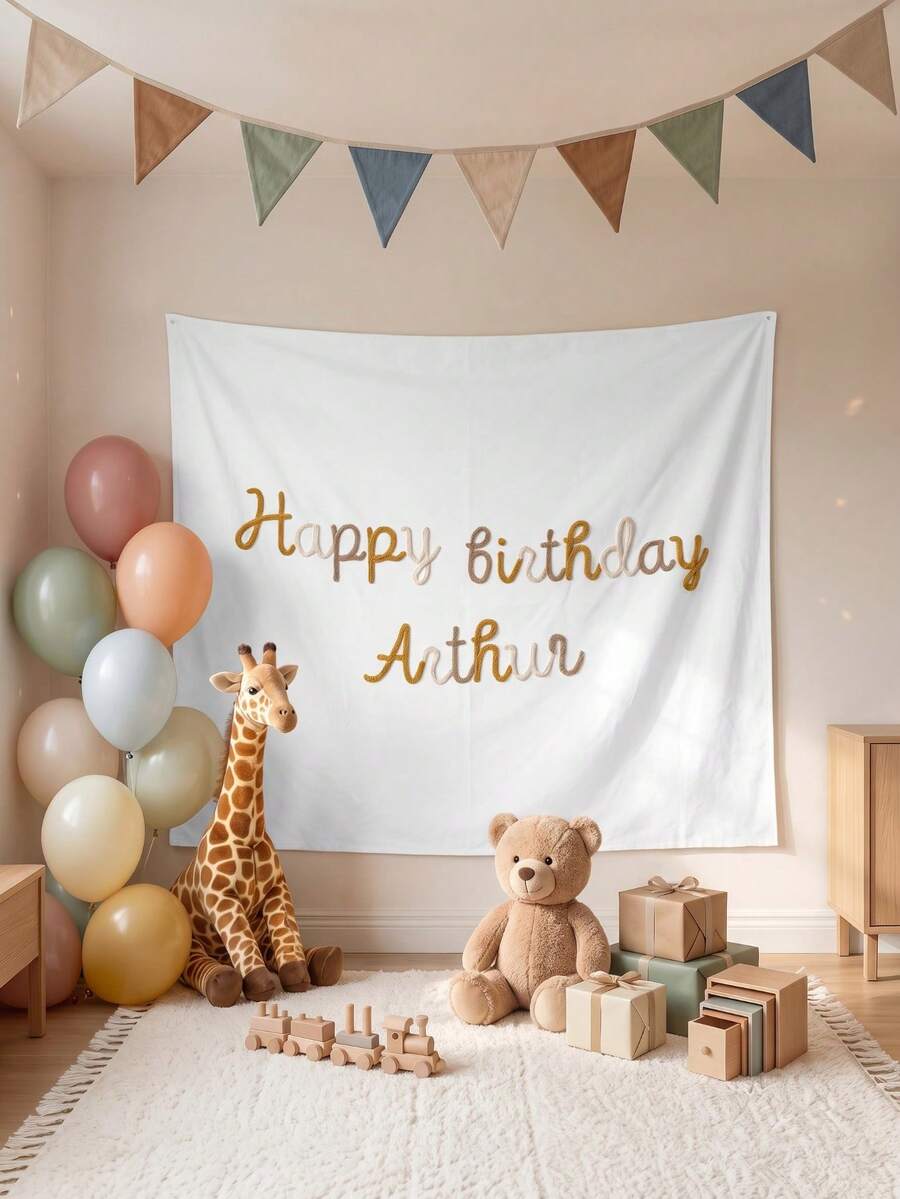 Personalized Custom Vintage Embroidered Birthday Banner, Custom Embroidered Birthday Wall Decor, Room Decoration Wall Hanging, Birthday Backdrop Curtain, Personalized 3D Yarn Letter Banner, Bohemian Style Birthday Tapestry Sign - Multicolor - View 1