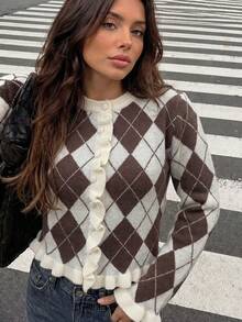 Women's Casual Brown And White Color Block Sweater, Autumn/Winter Style, Argyle Pattern Design With Ruffle Hem, Suitable For Outdoor Wear - Brown - View 3