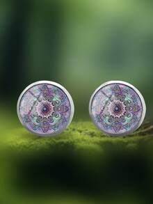 YUJUGLOW 1 Pair Bohemian Mandala Pattern 316 Stainless Steel Round Stud Earrings For Women Daily Wear - Purple - View 6