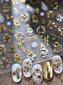 1pc Fall Winter Christmas 3D Embossed Christmas Tree Wreath Nail Stickers, Gold/Silver Color Options, 3D Christmas Tree Snowflake Bow Holly Pattern, Autumn Winter Christmas Nail Art Decoration Stickers, Nail DIY Decals - Multicolor - View 3