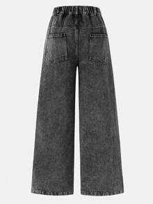 Youth Girl Pocket Loose Wide Leg Casual Multi-Function Jeans - Black - View 3