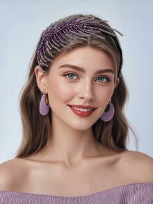 1pc Elegant Purple Bride Hair Hoop Handmade Beaded Fashion Ladies Banquet Prom Party Headdress - Purple - View 5